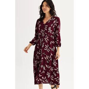 Sonoma Dress M Women's Purple Floral 3/4 Sleeve Button Front Fit & Flare Pockets